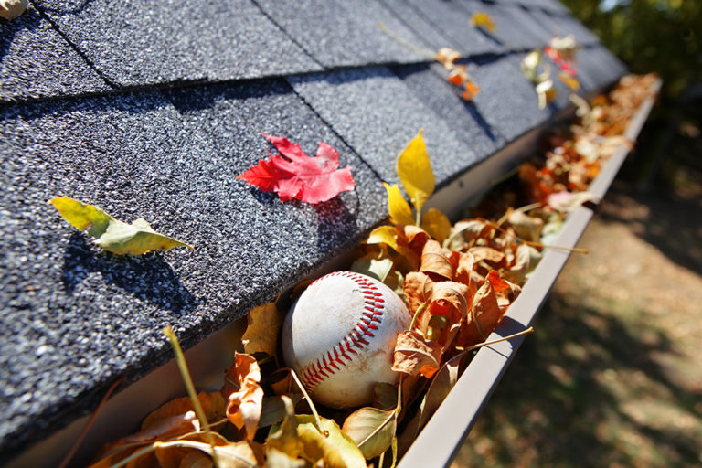 Fall leaves and baseball in eavestrough